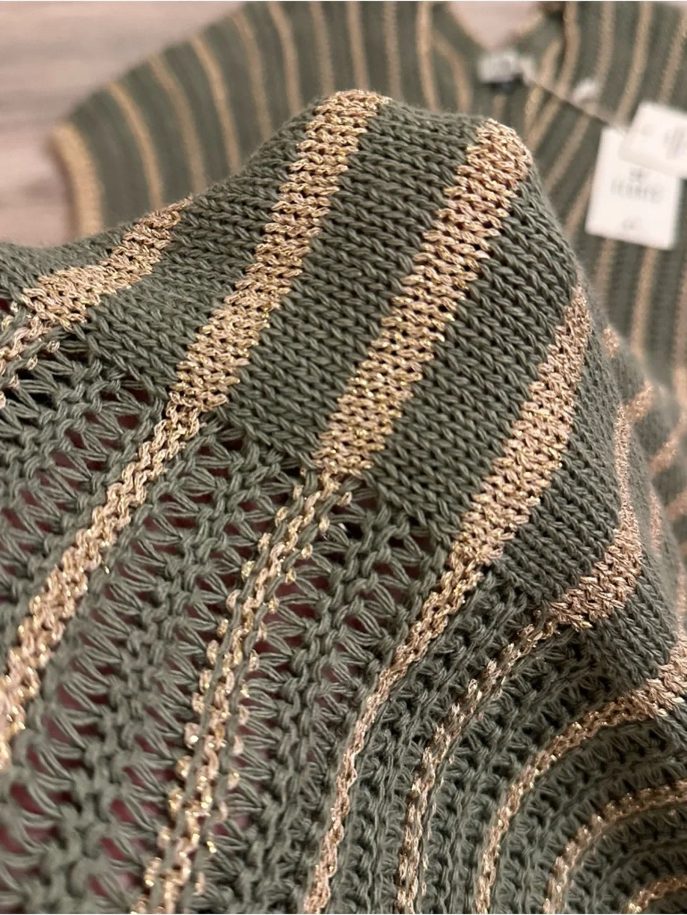 Floris Italy Knit Mini Dress Olive Beige Stripe Cap Sleeve S/M NWT Beach coverup - Picture 7 of 8